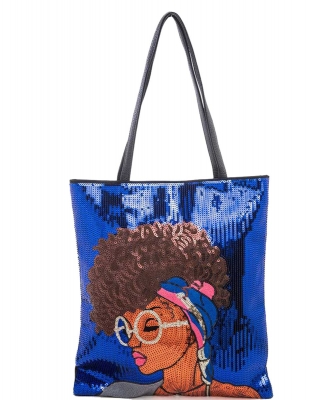 Glasses Girl Sequins Large Tote Bag A039GT-L BLUE